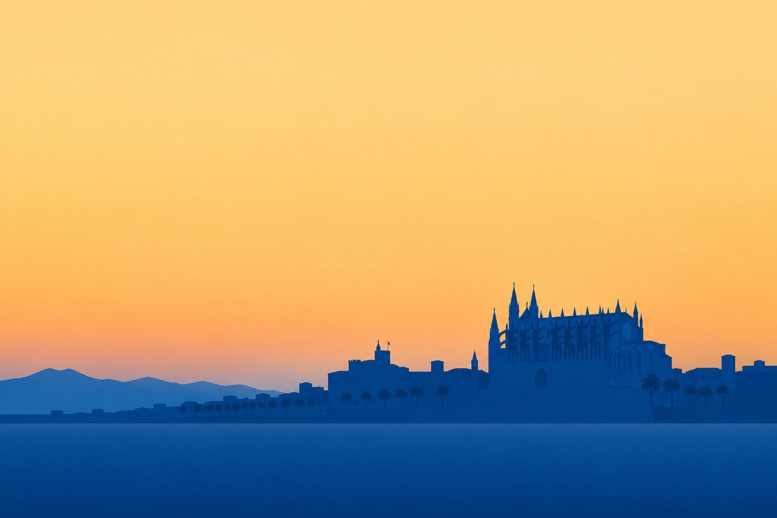Golden hour over Mallorca, with Palma’s bay and the cathedral silhouette beyond a calm Mediterranean sea.